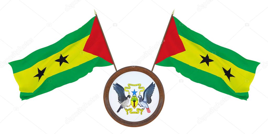 National flag  and the coat of arms 3D illustration  of Sao tome and principe. Background for editors and designers. National holiday
