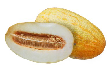  Bütün ve beyaz arka plan üzerinde izole lezzetli kavun yarısı