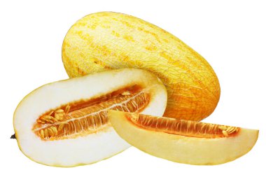 Bütün, yarım ve dilim taze kavun beyaz arka plan üzerinde izole