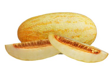 Bütün ve iki dilim taze kavun beyaz arka plan üzerinde izole.