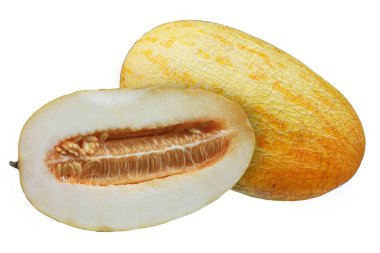 Bütün ve beyaz arka plan üzerinde izole taze olgunlaşmış kavun yarısı