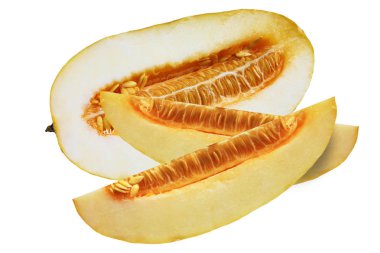  Beyaz arka plan üzerinde izole lezzetli taze kavun yarım ve iki dilim