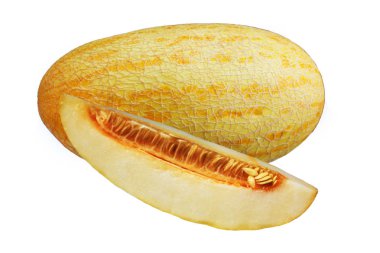 Beyaz arka planda izole edilmiş taze ve lezzetli kavun dilimleri.