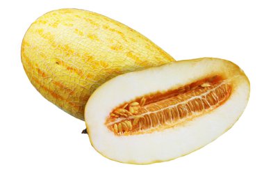  bütün ve beyaz arka plan üzerinde izole taze ve lezzetli kavun yarısı