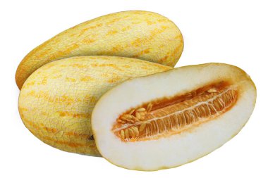  iki lezzetli kavunları ve yarım bir izole beyaz arka plan üzerinde. Çok lezzetli meyve