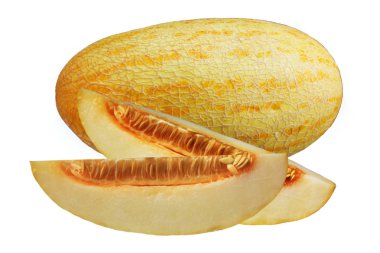  Bütün ve iki dilim taze kavun beyaz arka plan üzerinde izole