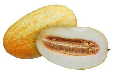 Sulu kavun meyve ile ikiye ayırmak ve izole beyaz arka plan üzerinde yapraklar.