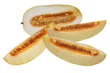  Beyaz arka plan üzerinde izole taze kavun yarım ve üç dilim