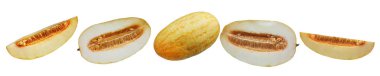  juicy melon fruit with two halfs and two slices on an isolated white background.