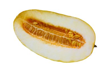  yalıtılmış bir beyaz arka plan üzerinde sulu kavun yarısı. Çok lezzetli meyve