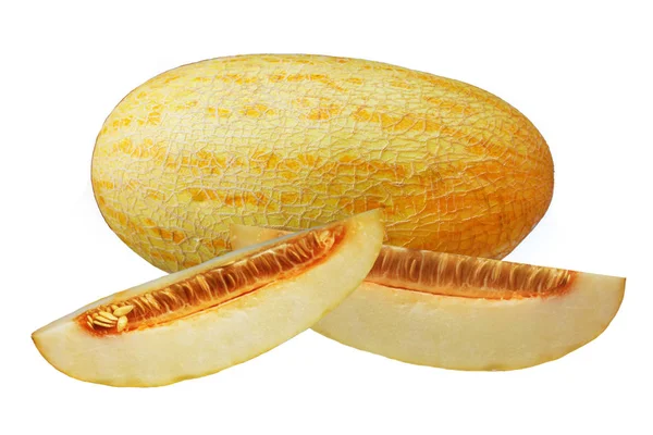 . Bütün ve beyaz arka plan üzerinde izole lezzetli kavun iki dilim