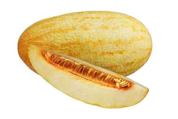 Beyaz arka planda izole edilmiş taze ve lezzetli kavun dilimleri.