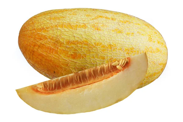 Ganze Und Scheibe Frischer Melone Isoliert Auf Weißem Hintergrund — Stockfoto