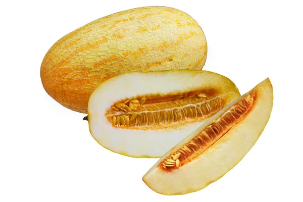 whole, half and slice of fresh Juicy melon isolated on white background.