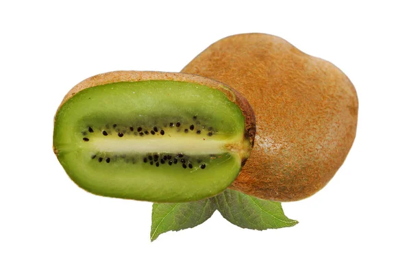 Hälften Och Hela Färsk Grön Kiwi Isolerad Vit Bakgrund — Stockfoto