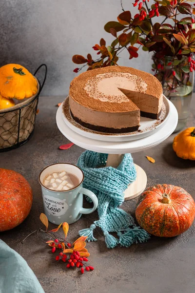 Cozy autumn composition. Chocolate mousse cake on the stand with blue knitted scarf, hot cocoa with marshmallows in a blue ceramic mug surrounded by autumn leaves and pumpkins on a gray table. Greetin