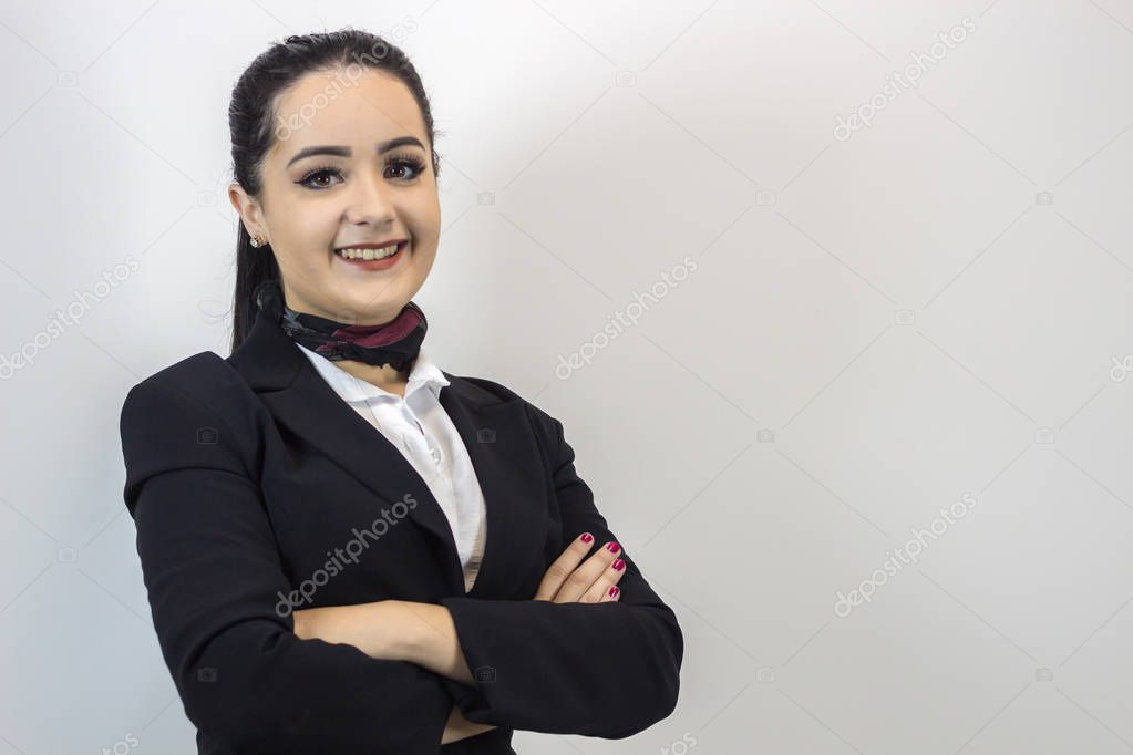 Beautiful stewardess. Business woman. Studio shot with fly attendant woman.