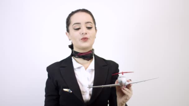 Όμορφο Αεροσυνοδός Studio Πυροβόλησε Μύγα Γυναίκα Συνοδός — Αρχείο Βίντεο