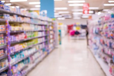 Bulanık mağaza. Ufuk arka plan, bokeh ışık.