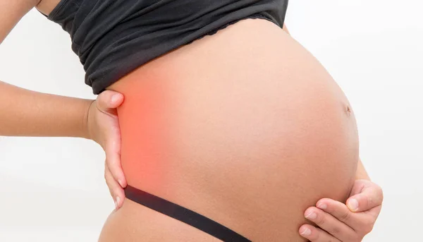 Pregnant Woman Strong Pain Massaging Her Backache Pain Red — Stock Photo, Image