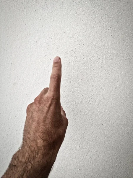 white man's finger shows direction, outstretched palm, hand on a white background, part of the body, part of the hand, white skin, one finger, show amount, hand gesture, hair on hand, show the way