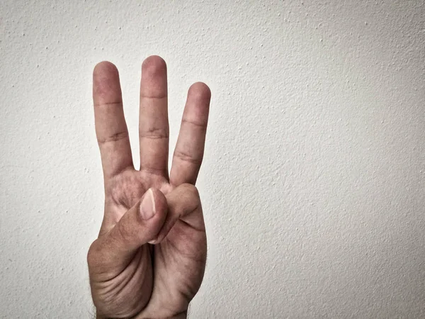 白人の手のひら 掌を伸ばし 白い背景に手を 体の一部 手の一部 白い肌 3本の指 数を示す 3つの量で 手のジェスチャー — ストック写真