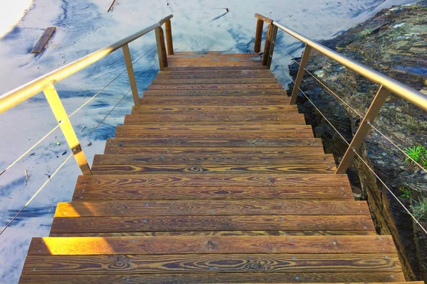 Trä Trappa Som Leder Till Sand Stranden Trä Mönster Skräp — Stockfoto