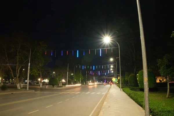 Wide Straight Street City Night Lit Lanterns Road Marking Decorative — 스톡 사진