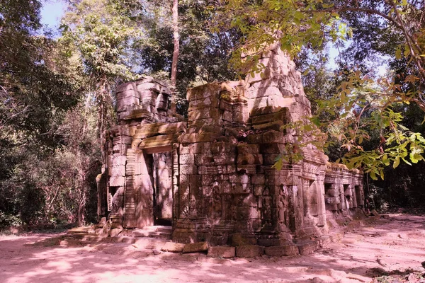 Zřícenina Středověkého Domu Deštním Lese Starověké Zříceniny Kambodžské Džungli — Stock fotografie