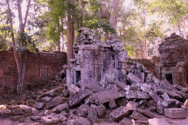 倒塌的古建筑的石块 森林中废弃的高棉建筑 古代文明的废墟 — 图库照片