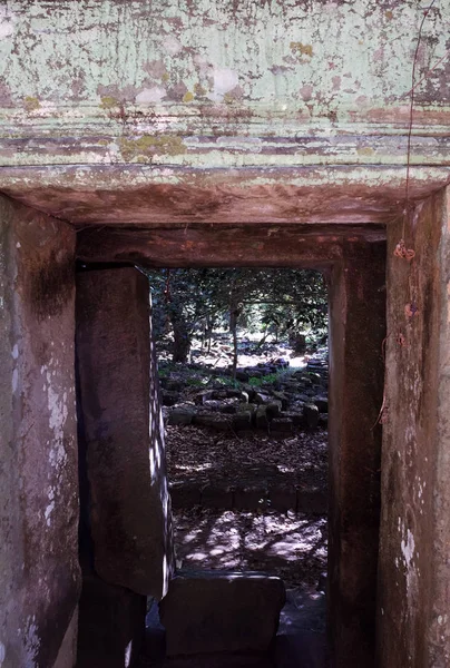 Porta Pedra Antiga Através Qual Restos Edifício Desmoronado Árvores São — Fotografia de Stock