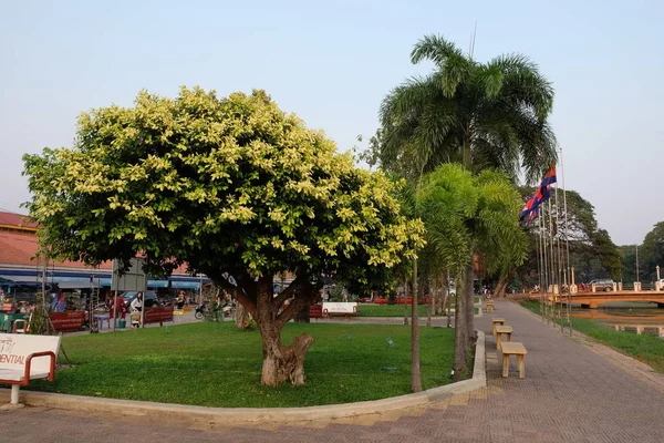 柬埔寨 2018年12月22日 长廊的一部分 有长凳和旗杆 热带树木 — 图库照片
