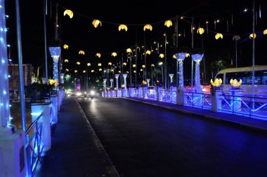 Geceleri sokak lambalarıyla aydınlatılan bir köprü. Güzel sokak ışıkları.