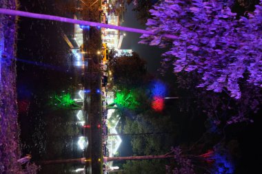 Sokak lambalarının ışığı gece suyun yüzeyine yansıyor. Gece manzarası.