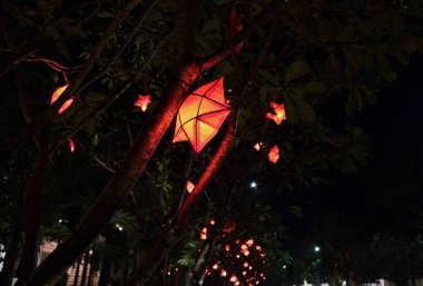 Yıldızlar şeklinde dekoratif fenerler geceleri ağaçlara asılır..