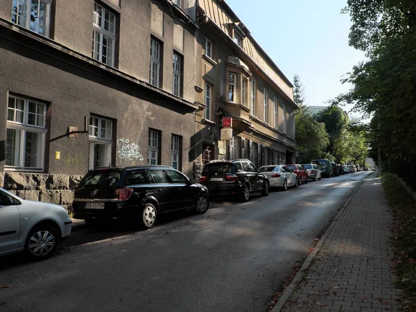 Bielsko Biala Lengyelország 2019 Szeptember Egy Sor Autó Parkolt Szélén — Stock Fotó
