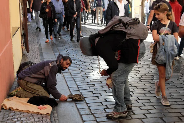 Praga República Checa Outubro 2019 Uma Rapariga Tipo Conversar Com — Fotografia de Stock