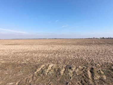 Pürüzsüz bir tarlanın üzerindeki açık mavi gökyüzü. Peyzaj.