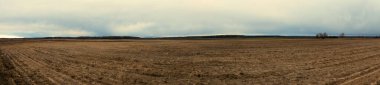 Bulutlu bir akşamda tarlayı sürdüm. Tarım endüstrisi manzarası. Panorama.