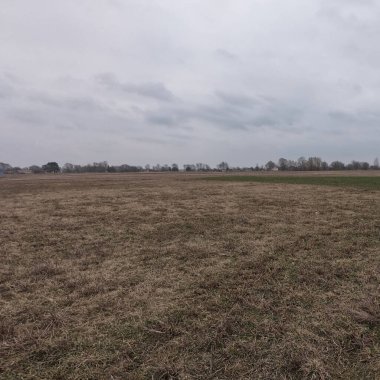 Bulutlu bir bahar akşamı. Bulutlu kırsal alan. Solmuş tarla çimenleri.