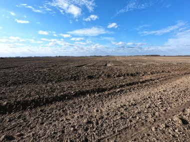 Pürüzsüz bir tarlanın üzerindeki açık mavi gökyüzü. Peyzaj.