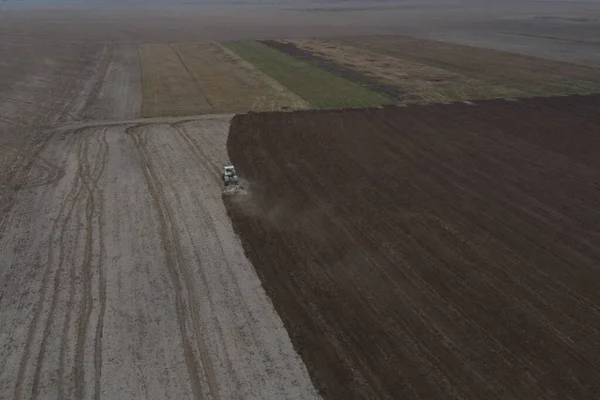 Tractor Plows Field Aerial View Agricultural Landscape — Stock Photo, Image