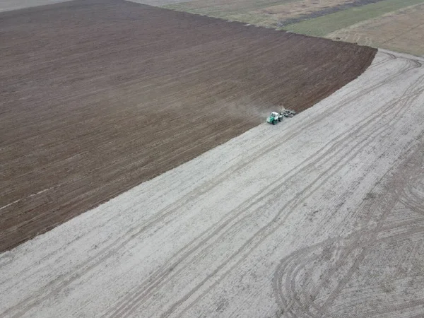 Tractor Plows Field Aerial View Agricultural Landscape — Stock Photo, Image