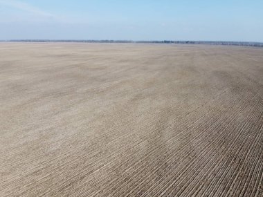 Güneşli bir bahar gününde tarım arazileri, hava manzarası. Manzara. Mavi gökyüzü tarlaların üzerinde.