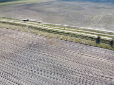 İki tarlanın arasındaki toprak yol, hava manzaralı. Tarım arazisi.