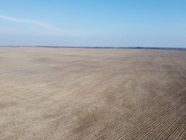 Güneşli bir bahar gününde tarım arazileri, hava manzarası. Manzara. Mavi gökyüzü tarlaların üzerinde.