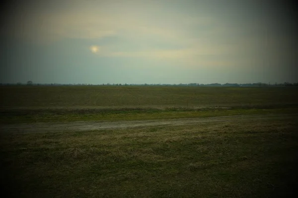 Sunset Agricultural Field Spring Landscape Spring Twilight Beautiful Evening Sky — Stock Photo, Image