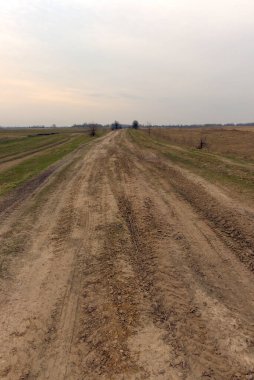 Bir bahar akşamında tarlalar arasında toprak yol.