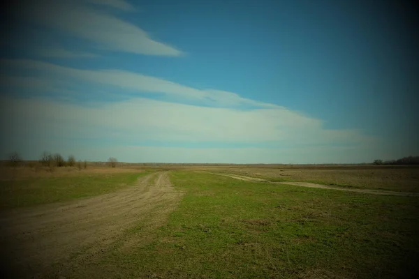 Feldweg Einem Frühlingstag Landschaften Schöner Bewölkter Himmel Über Dem Feld — Stockfoto