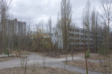 Pripyat 'ta ağaçların arasında terk edilmiş evler. Radyasyon kirliliği alanında terk edilmiş binalar..
